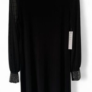 Nicole Miller Women's S Black Midi Shift Dress Mesh Sleeves Beaded Cuffs